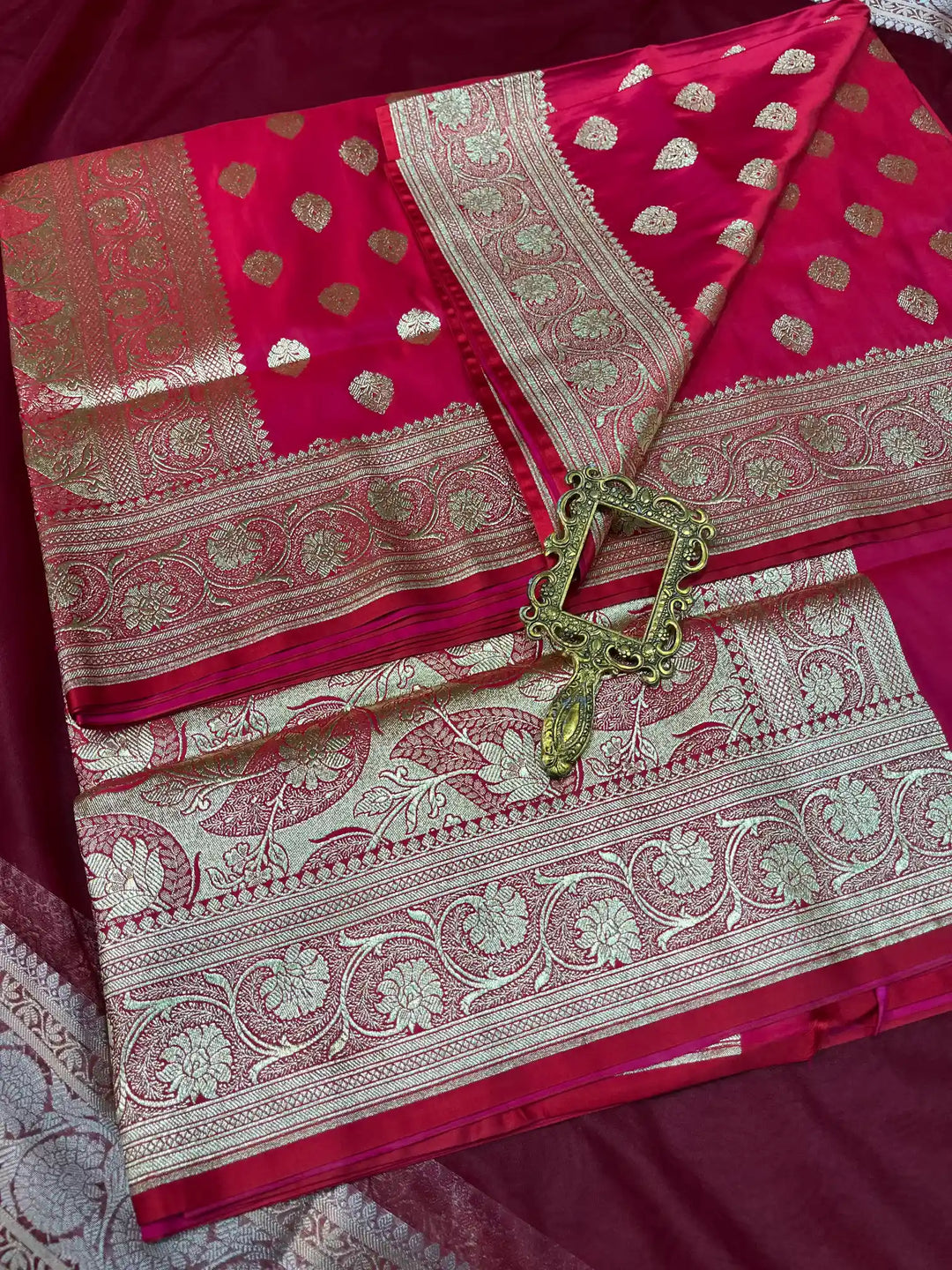 Bridal Deep Pink Satin Silk Premium Buta Design Banarasi Saree