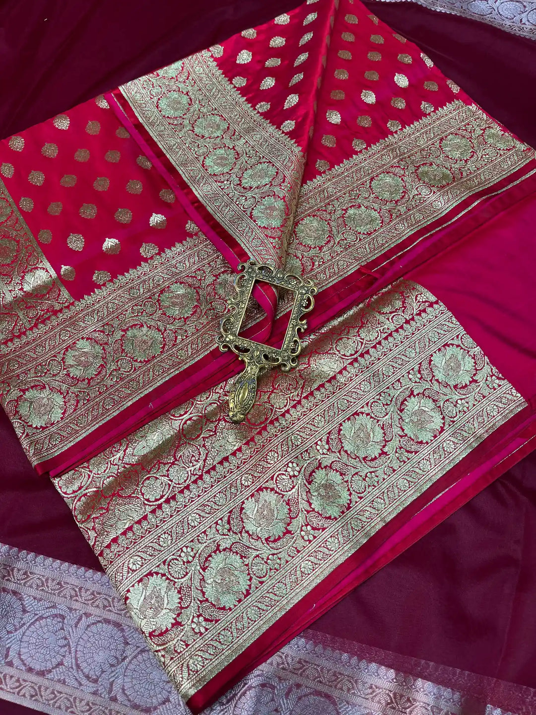 Bridal Deep Rani Pink Satin Silk Premium Buta Design Banarasi Saree
