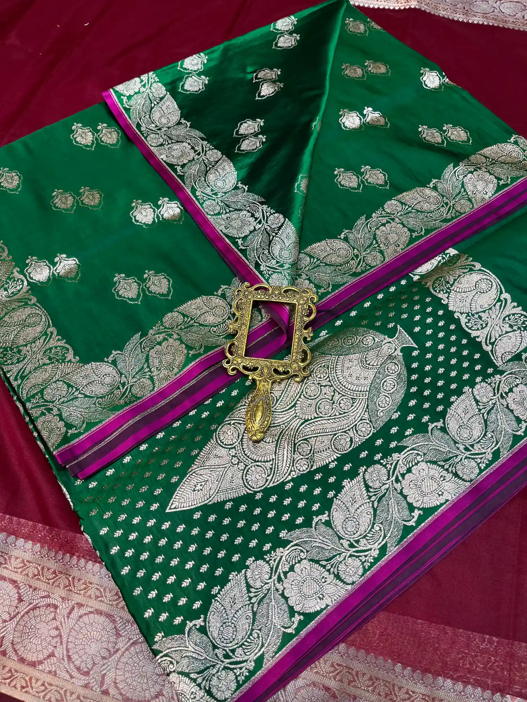Bridal Bottle Green Satin Silk Premium Buta Design Banarasi Saree