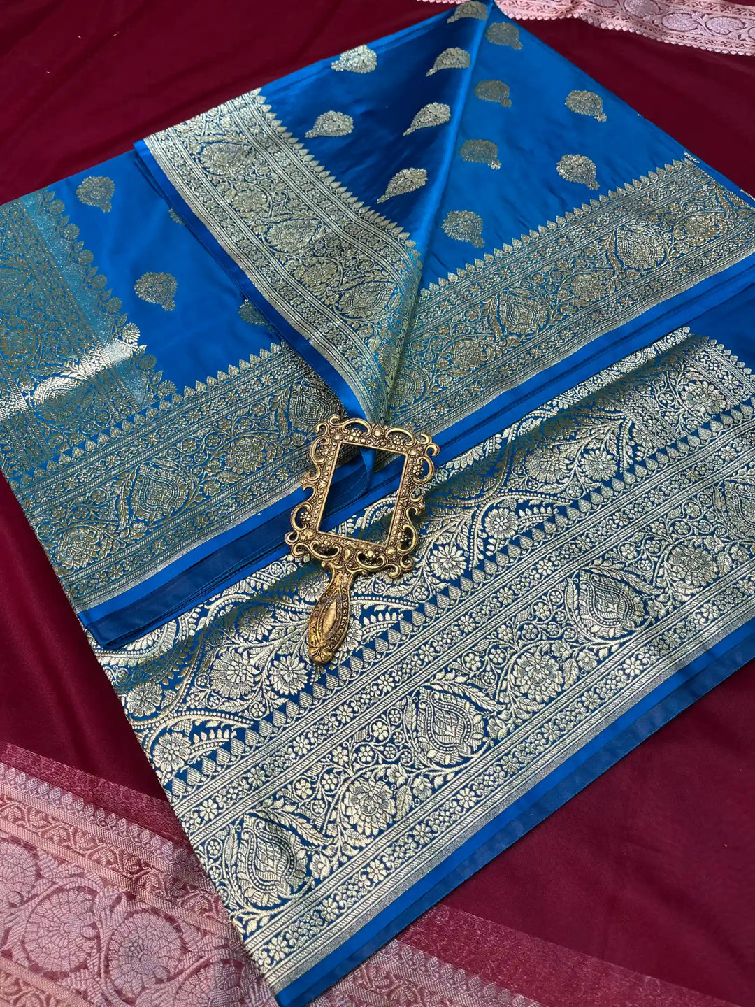 Bridal Blue Satin Silk Premium Buta Design Banarasi Saree