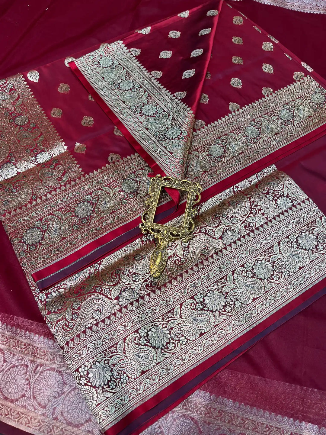 Bridal Maroon Satin Silk Premium Buta Design Banarasi Saree