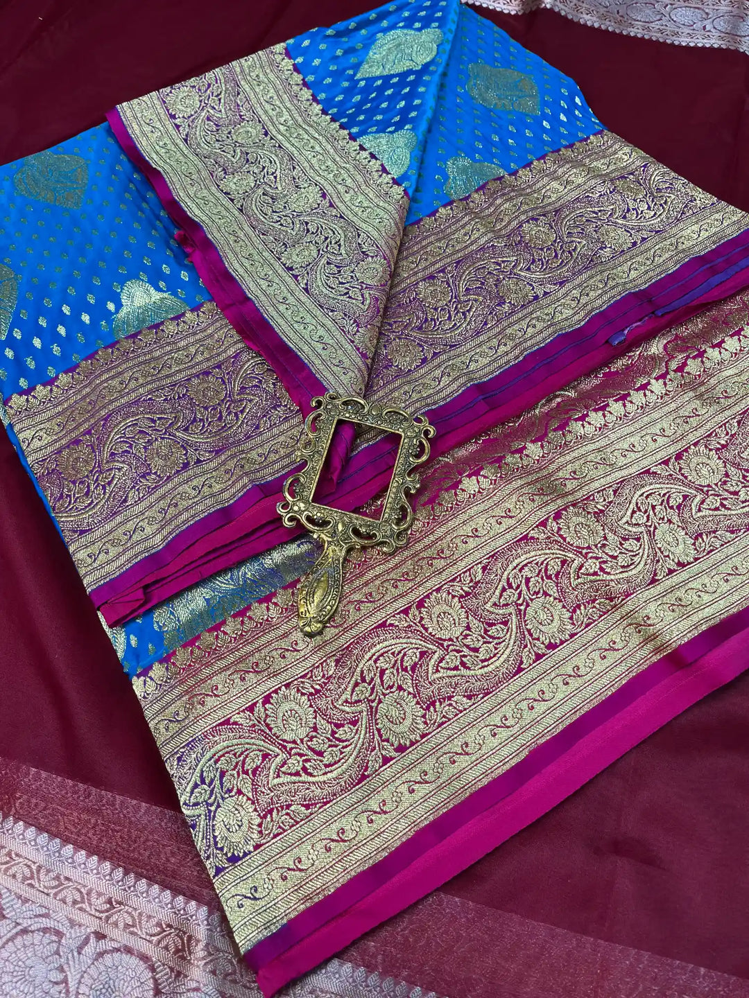 Bridal Sky Blue Contrast Satin Silk Premium Buta Design Banarasi Saree