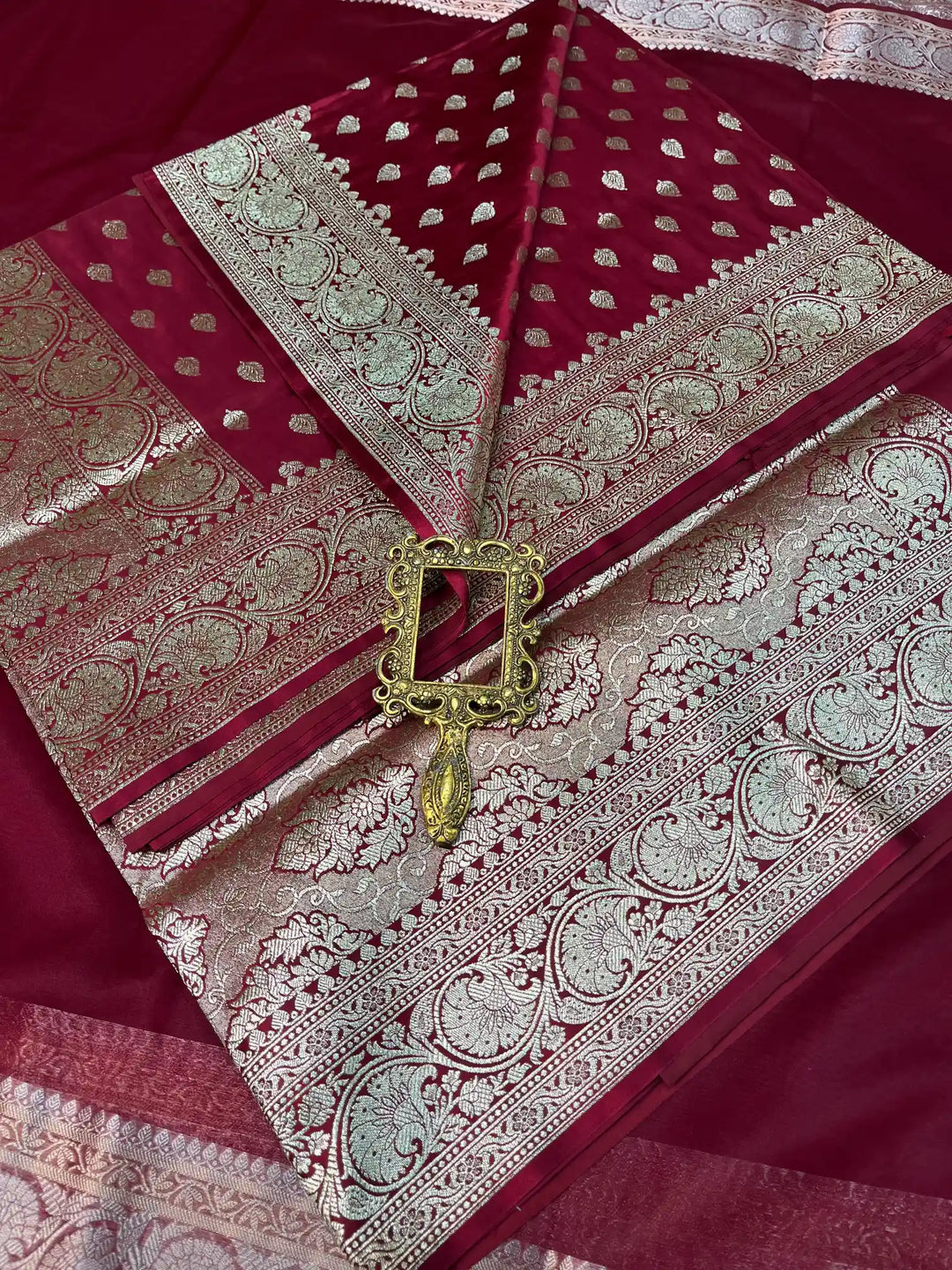 Bridal Maroon Satin Silk Premium Buta Design Banarasi Saree