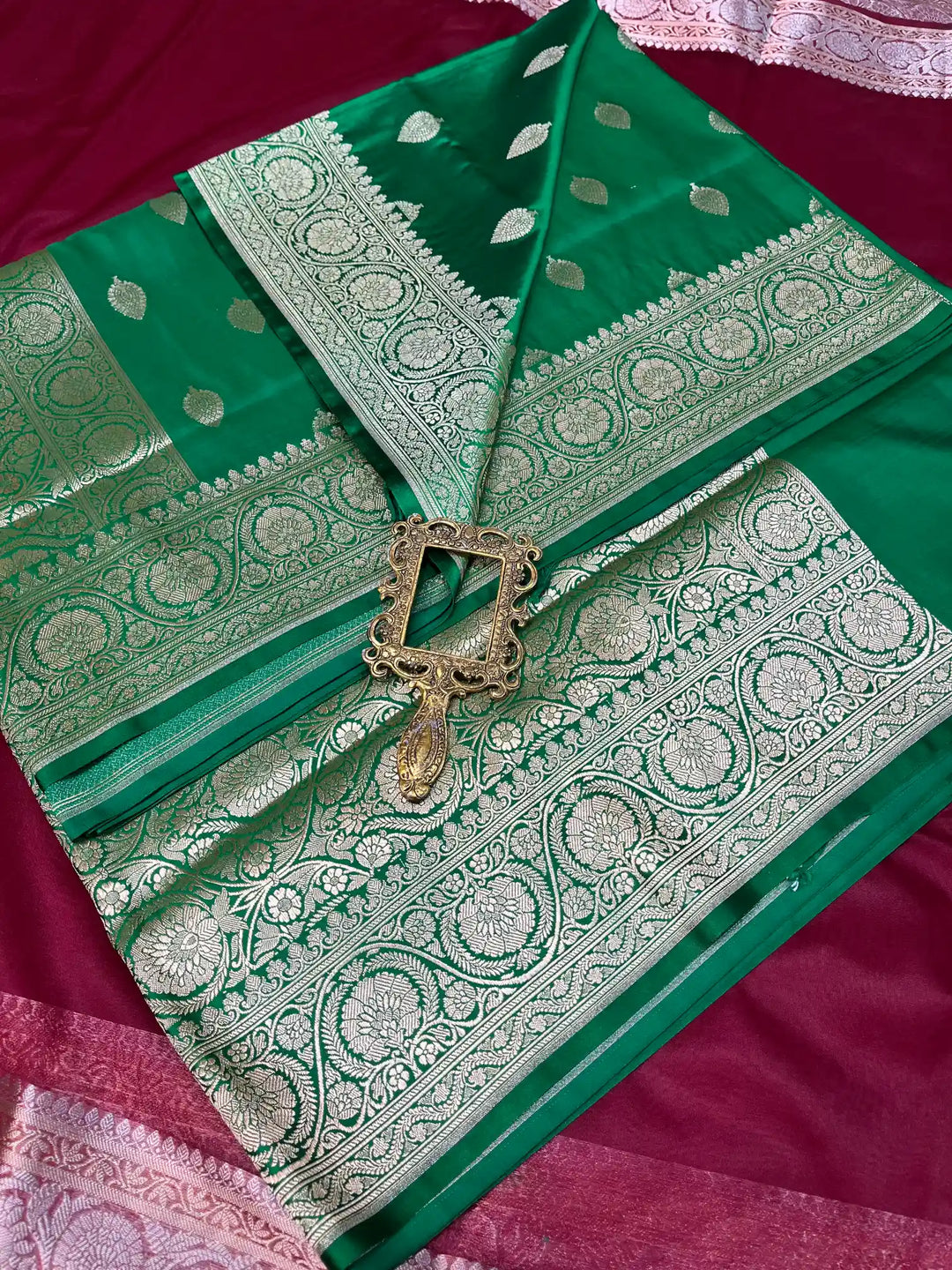 Bridal Green Satin Silk Premium Buta Design Banarasi Saree