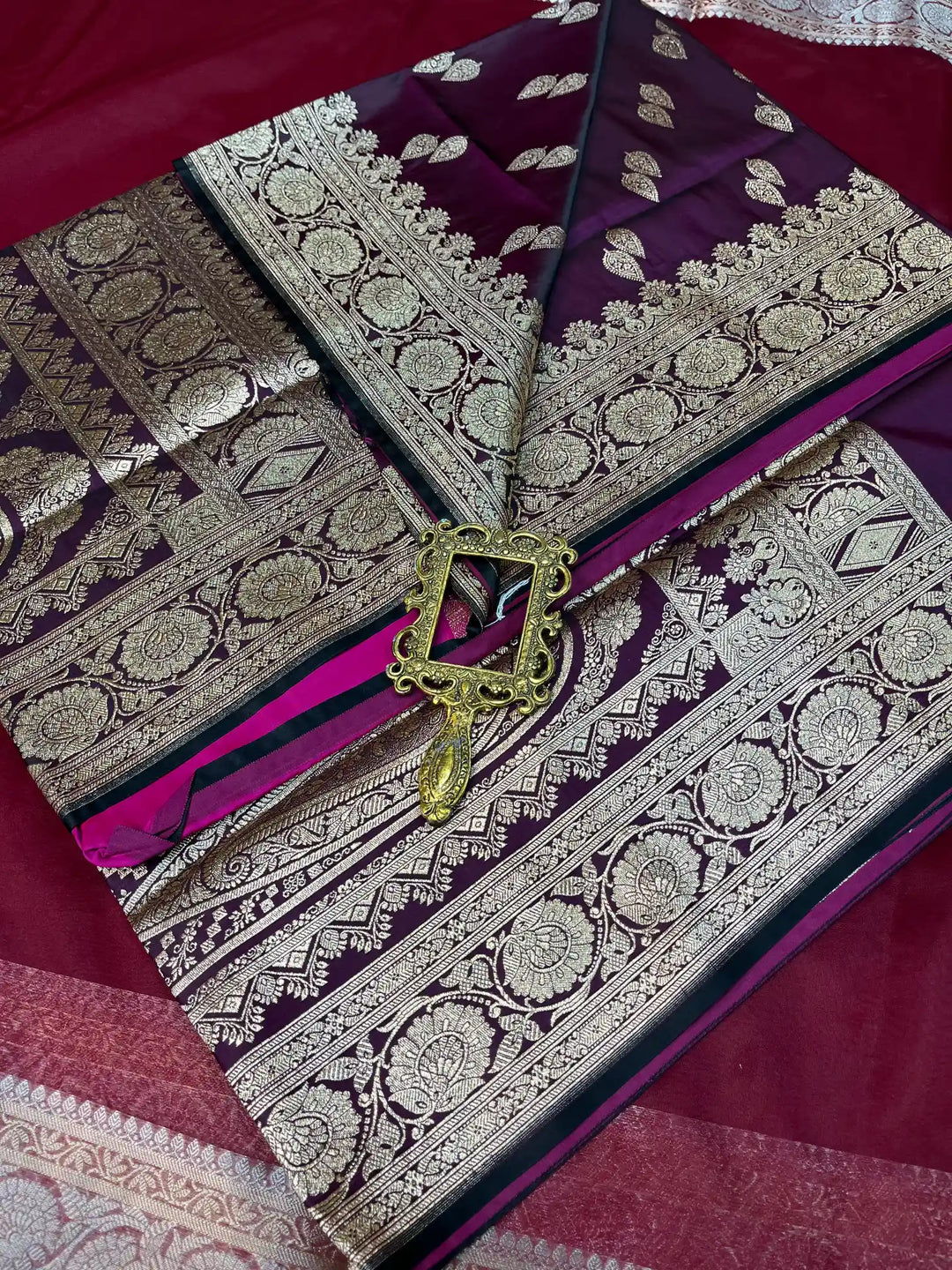 Bridal Dark Purple Satin Silk Premium Buta Design Banarasi Saree