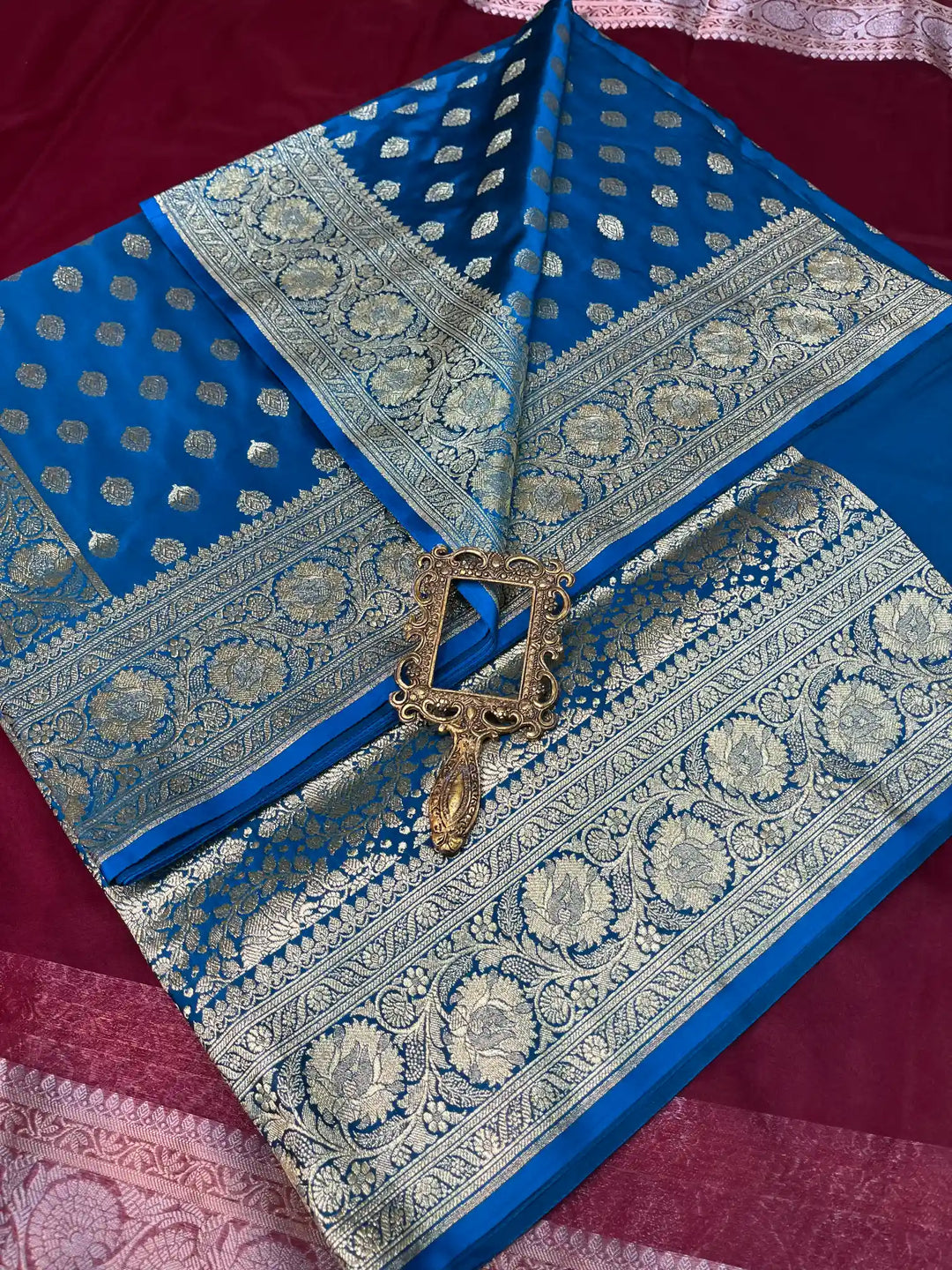 Bridal Dark Blue Satin Silk Premium Buta Design Banarasi Saree