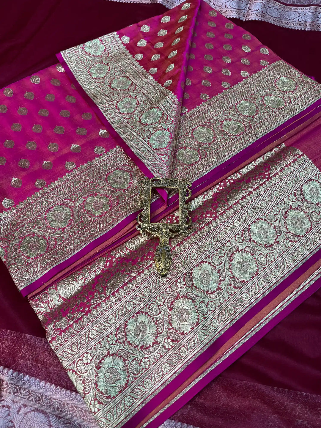 Bridal Rani Pink Satin Silk Premium Buta Design Banarasi Saree