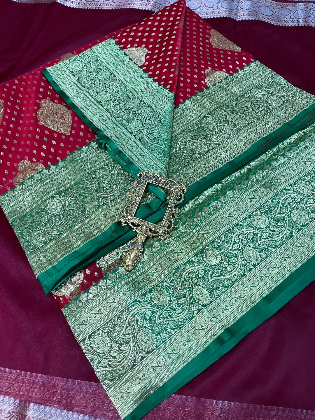 Bridal Dark Red Contrast Satin Silk Premium Buta Weave Banarasi Saree
