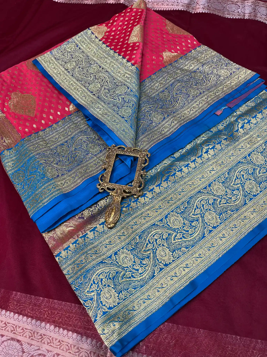 Bridal Deep Pink Contrast Satin Silk Premium Buta Weave Banarasi Saree