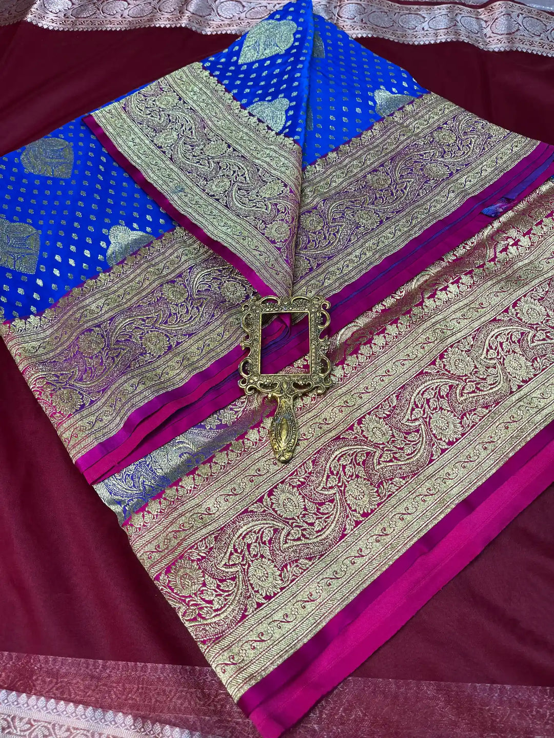Bridal Blue Contrast Satin Silk Premium Buta Weave Banarasi Saree