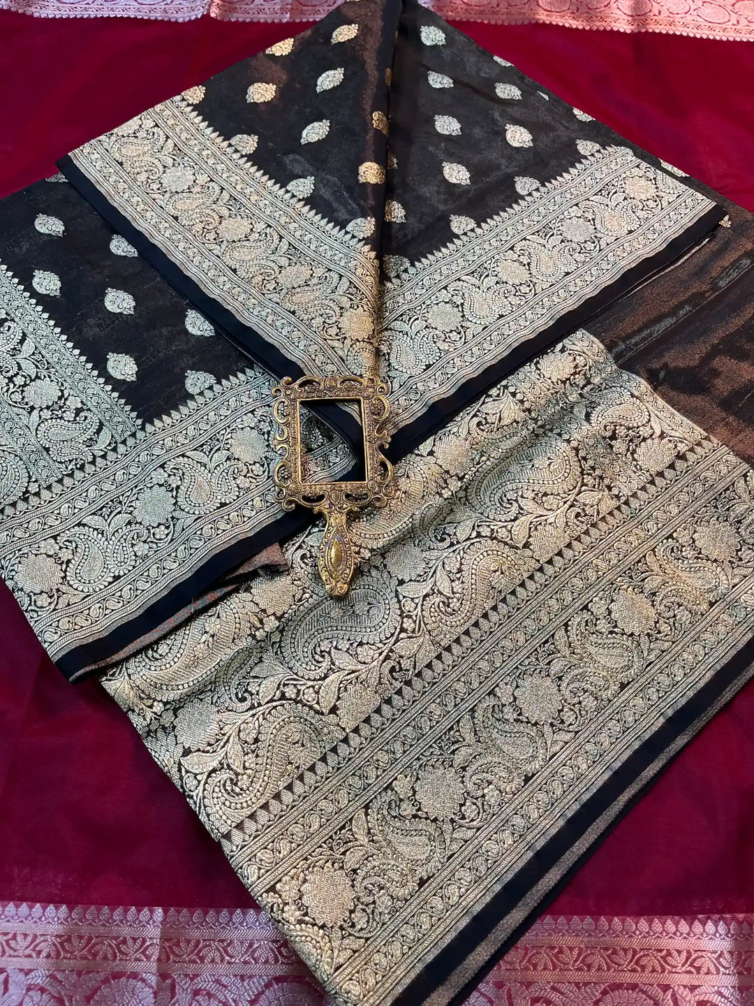 Bridal Black Satin Silk Premium Buta Weave Banarasi Saree