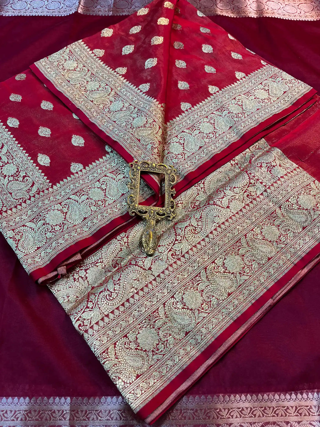 Bridal Dark Red Satin Silk Premium Buta Weave Banarasi Saree