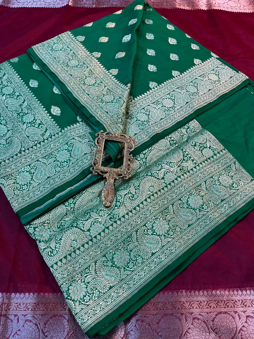 Bridal Green Satin Silk Premium Buta Weave Banarasi Saree