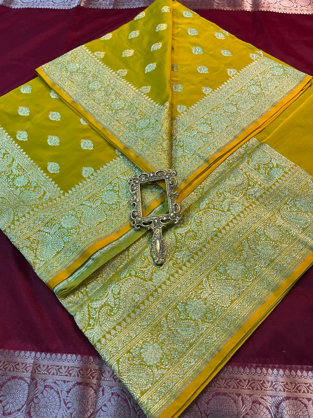 Bridal Mehandi Green Satin Silk Premium Buta Weave Banarasi Saree