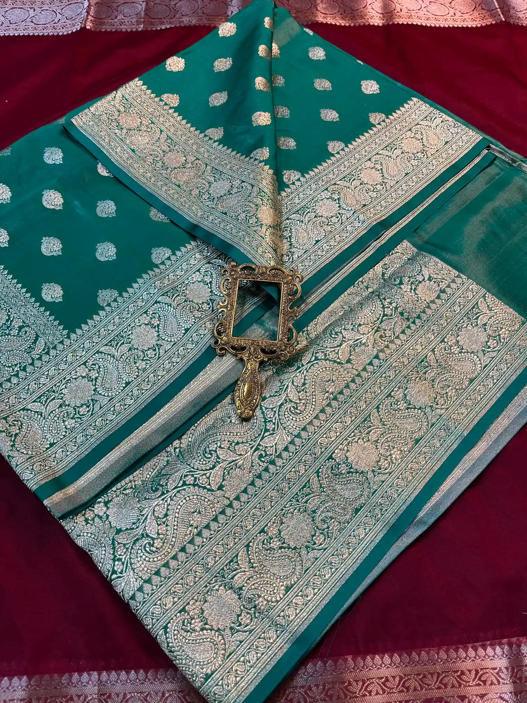 Bridal Green Satin Silk Premium Buta Weave Banarasi Saree