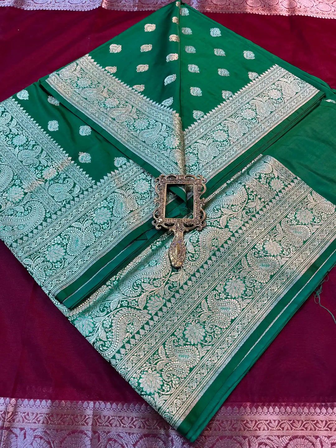Bridal Green Satin Silk Premium Buta Weave Banarasi Saree