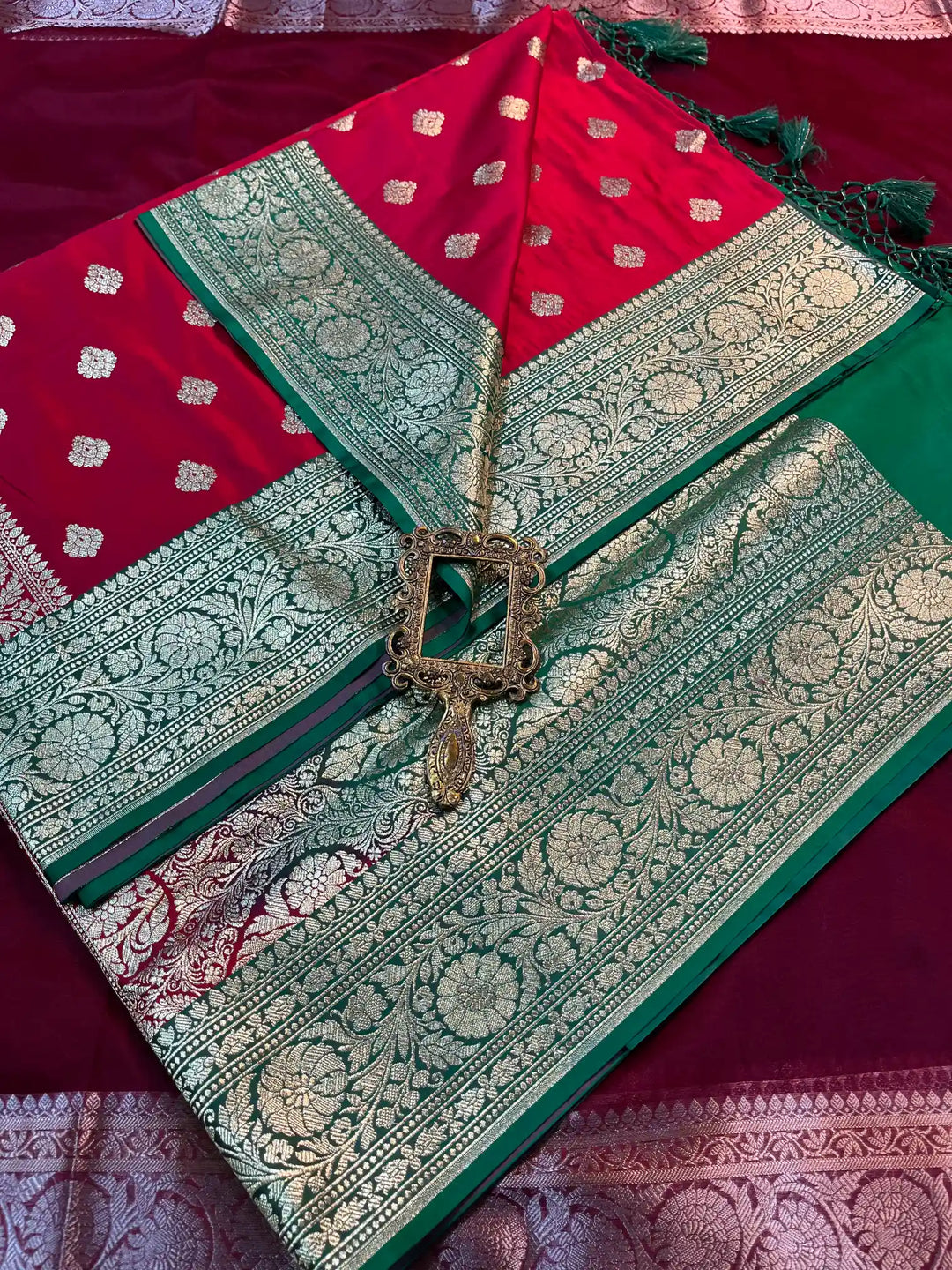 Bridal Red Contrast Satin Silk Premium Buta Weave Banarasi Saree