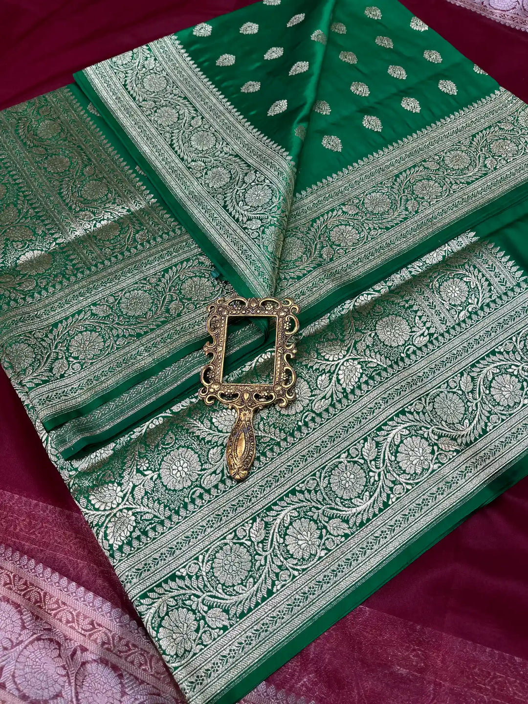 Bridal Green Satin Silk Premium Buta Design Banarasi Saree