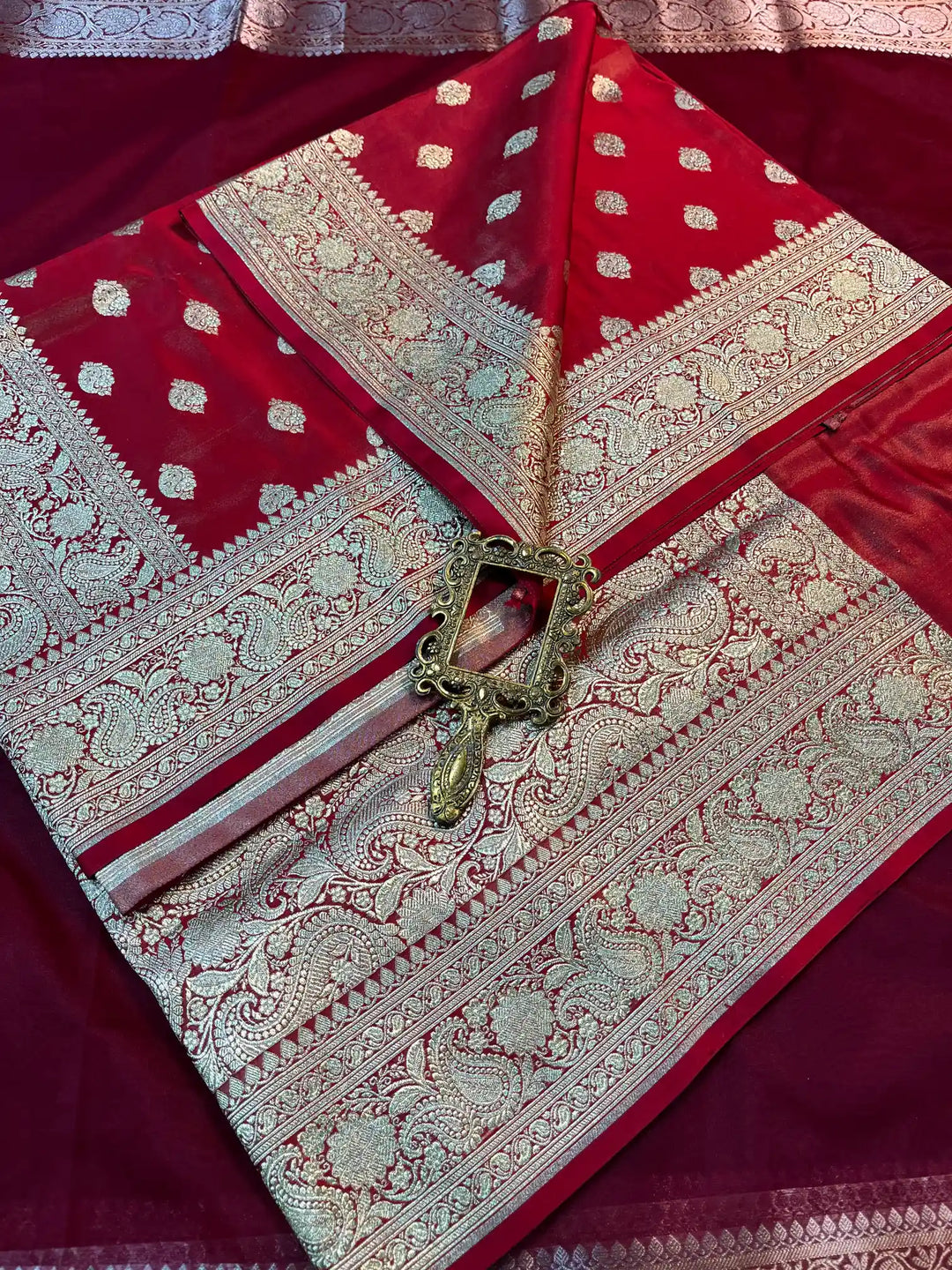 Bridal Dark Red Satin Silk Premium Buta Weave Banarasi Saree