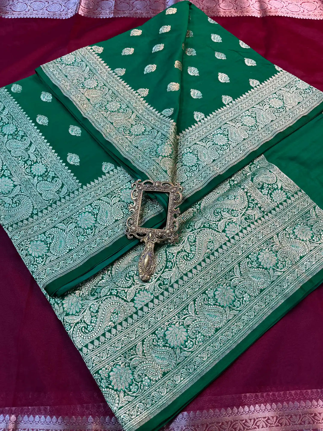 Bridal Green Satin Silk Premium Buta Weave Banarasi Saree