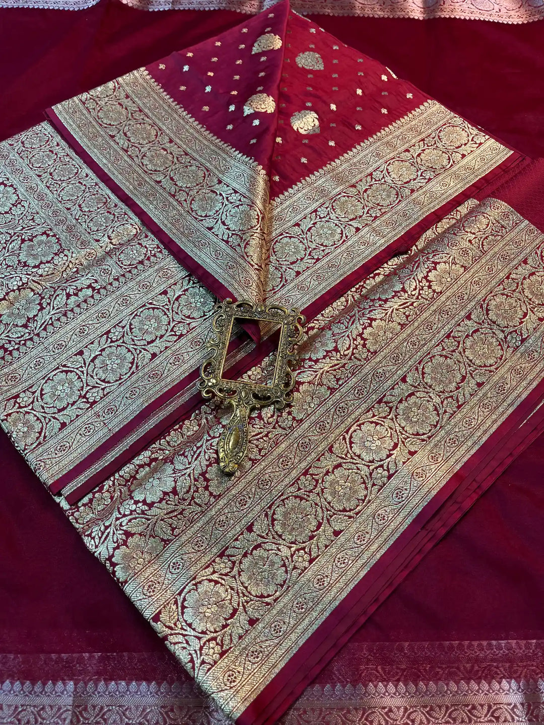 Bridal Maroon Satin Silk Premium Buta Pattern Banarasi Saree