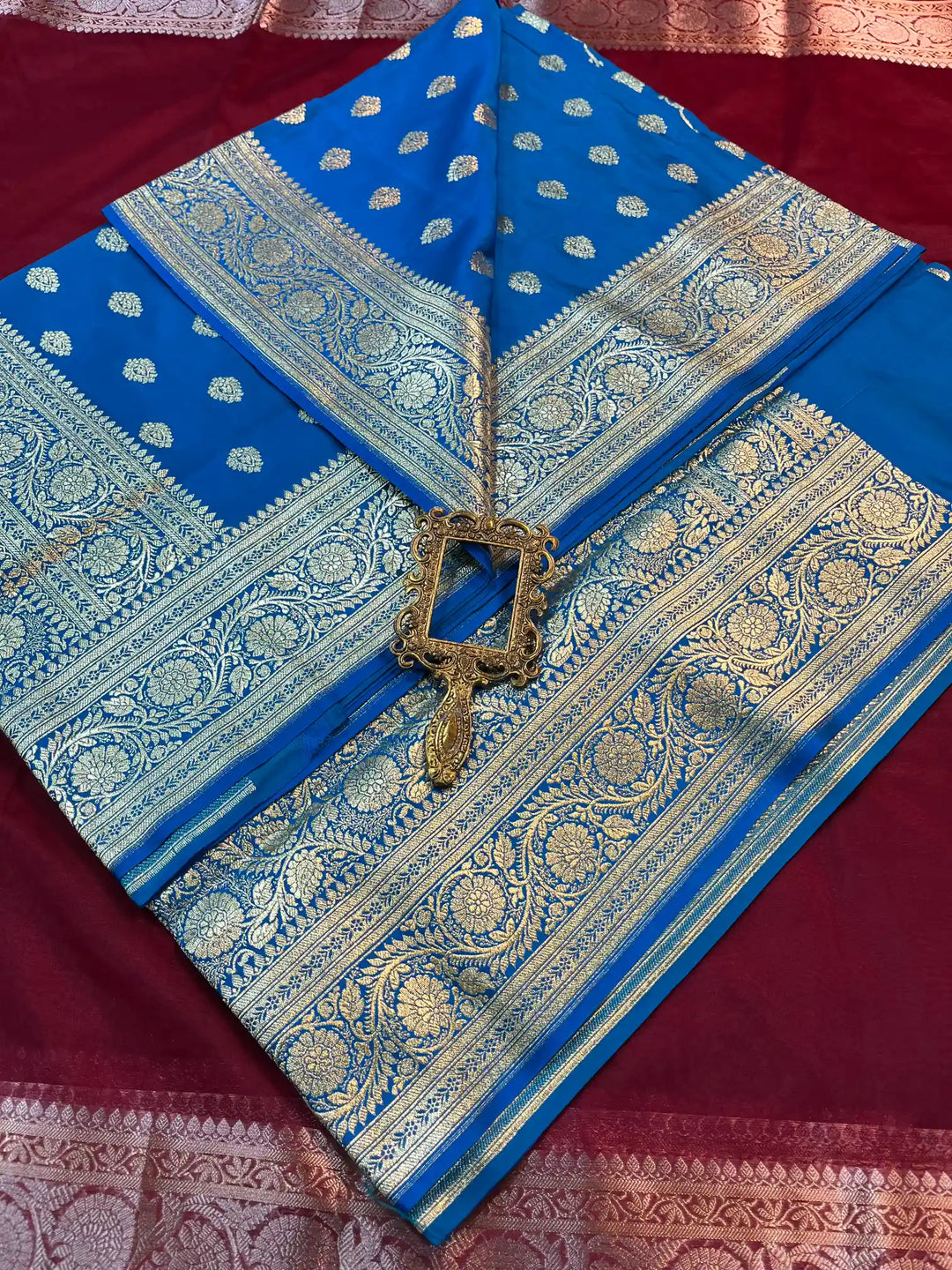 Bridal Blue Satin Silk Premium Buta Pattern Banarasi Saree