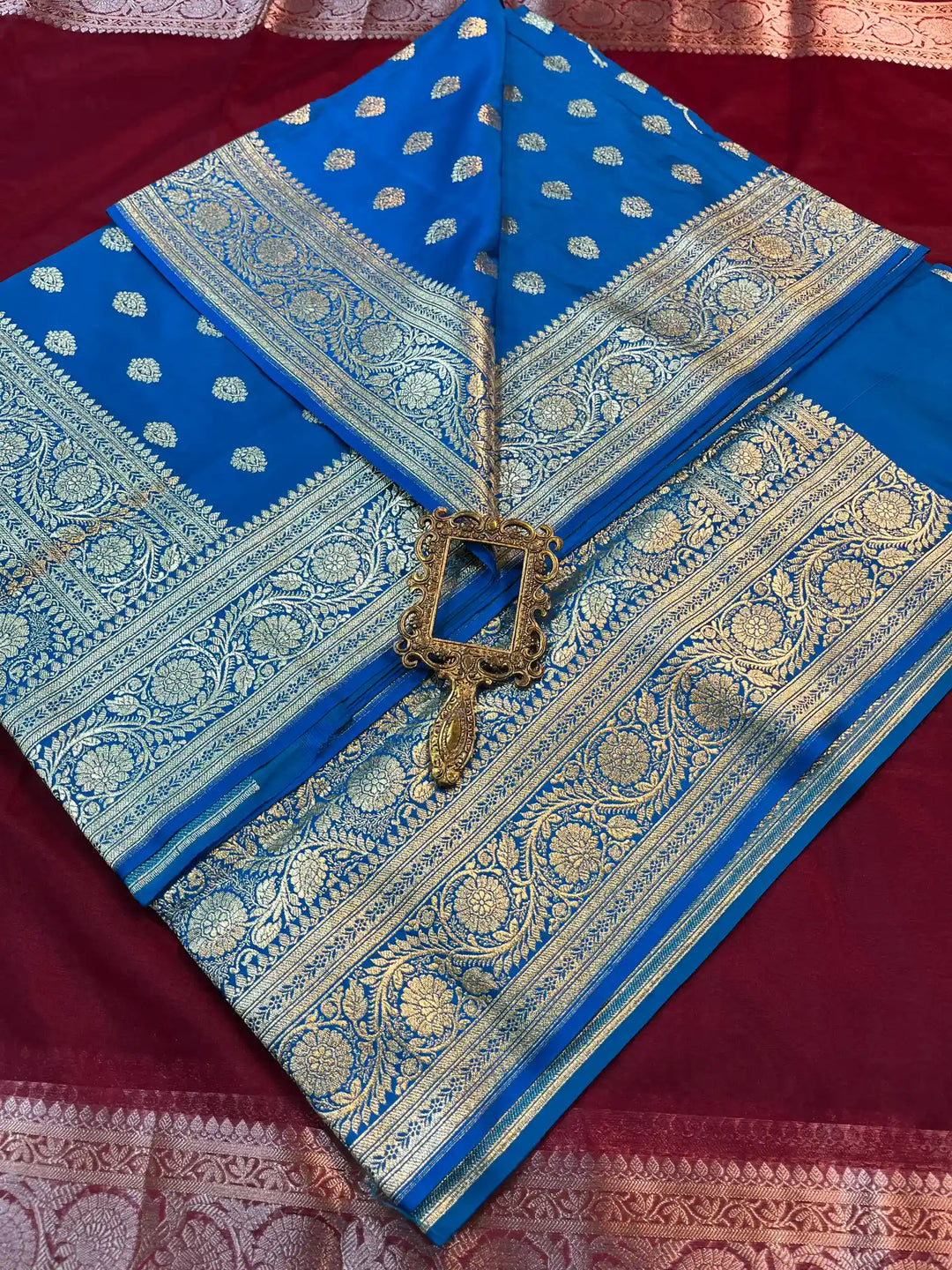 Bridal Blue Satin Silk Premium Buta Pattern Banarasi Saree
