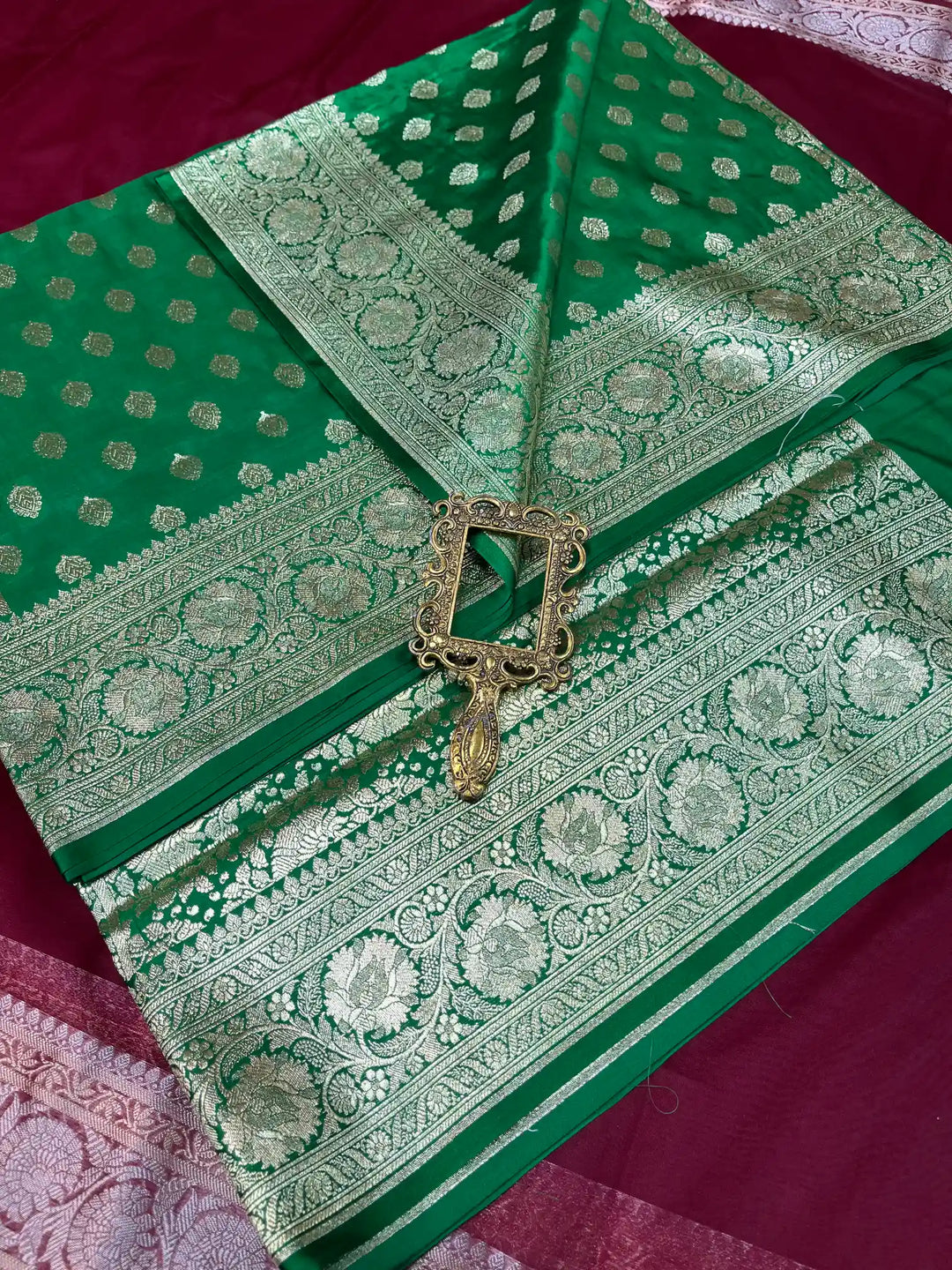 Bridal Green Satin Silk Premium Buta Design Banarasi Saree