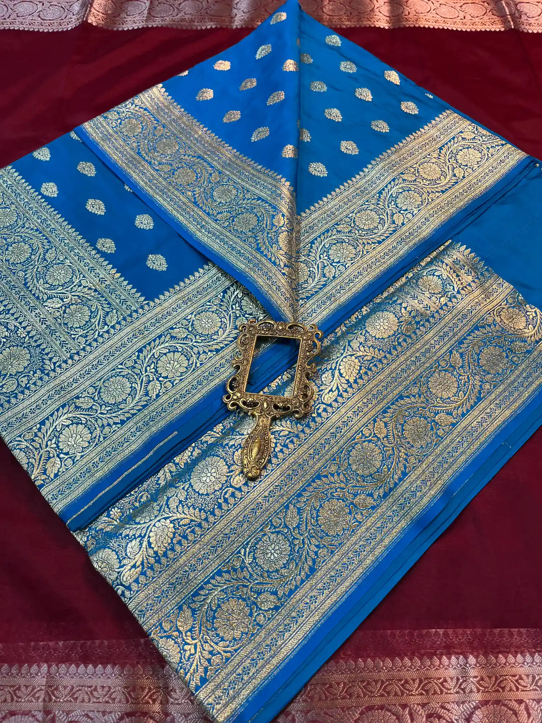 Bridal Blue Satin Silk Premium Buta Pattern Banarasi Saree