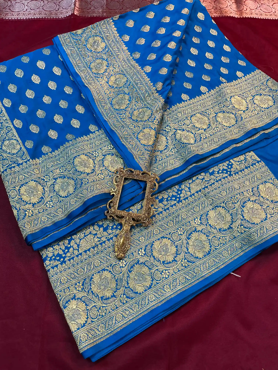 Bridal Blue Satin Silk Premium Buta Pattern Banarasi Saree