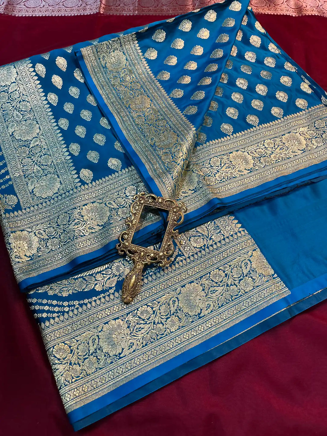 Bridal Dark Powder Blue Satin Silk Premium Buta Pattern Banarasi Saree