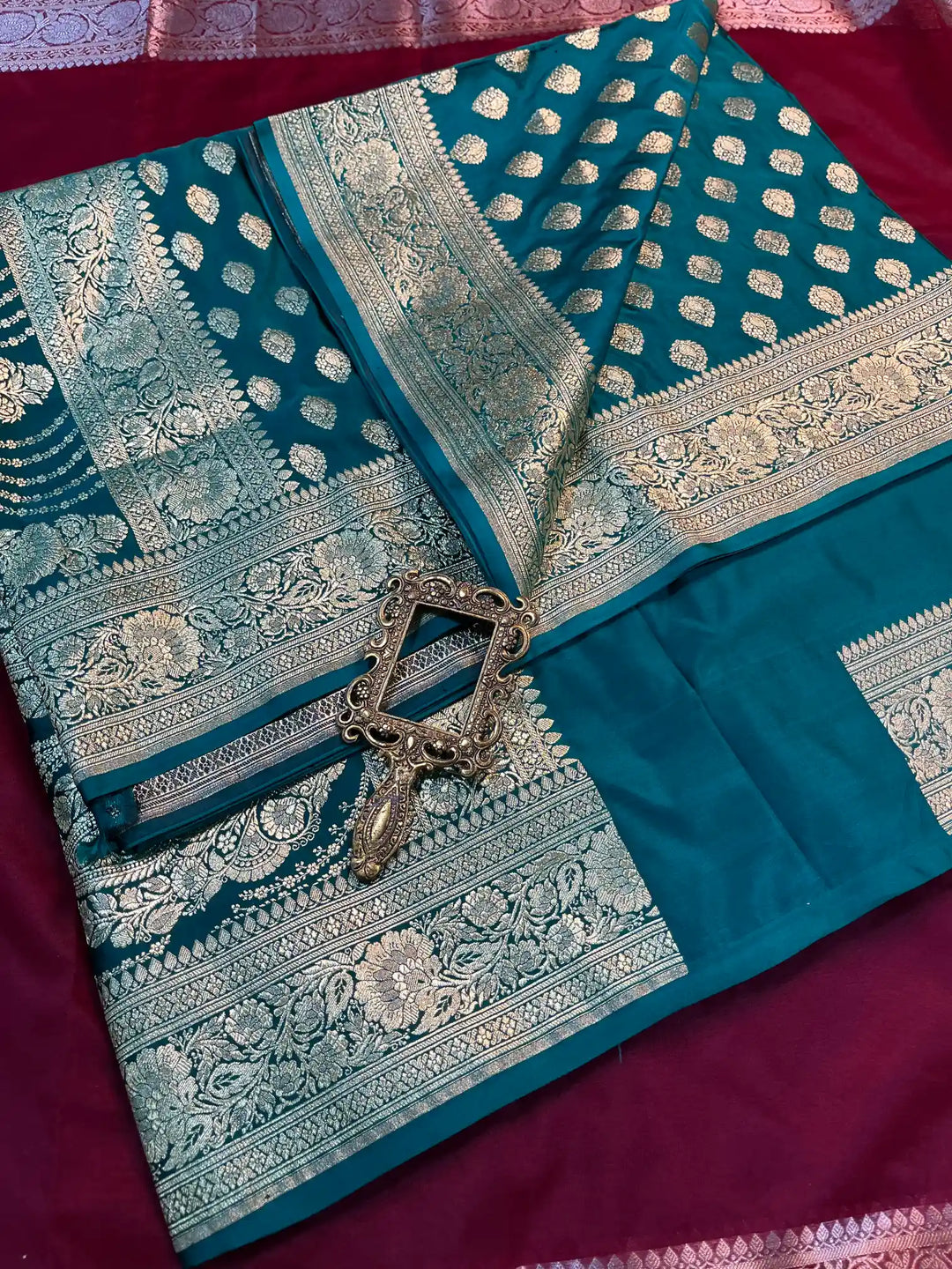 Bridal Dark Sea Blue Satin Silk Premium Buta Pattern Banarasi Saree