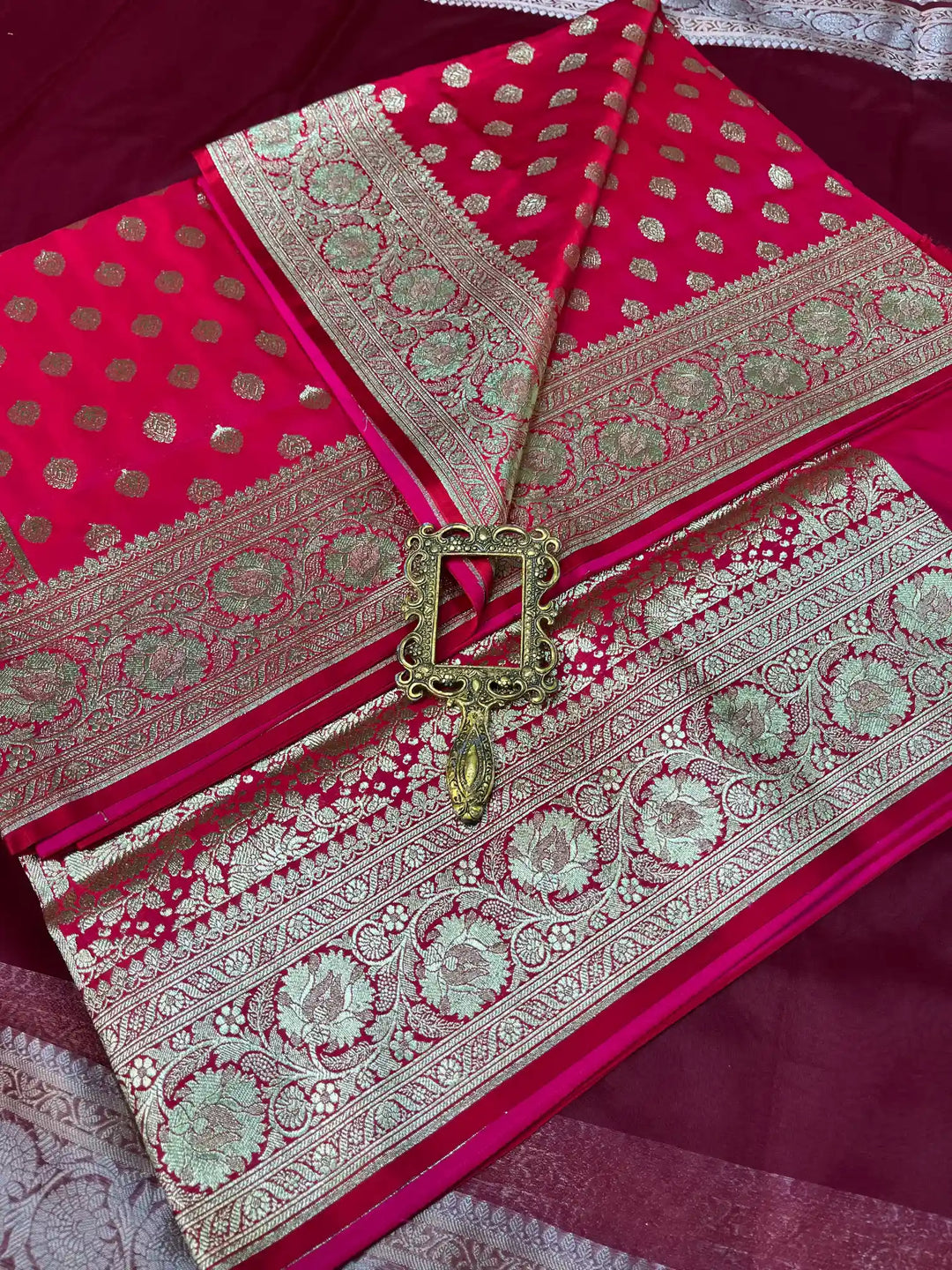 Bridal Rani Pink Satin Silk Premium Buta Design Banarasi Saree