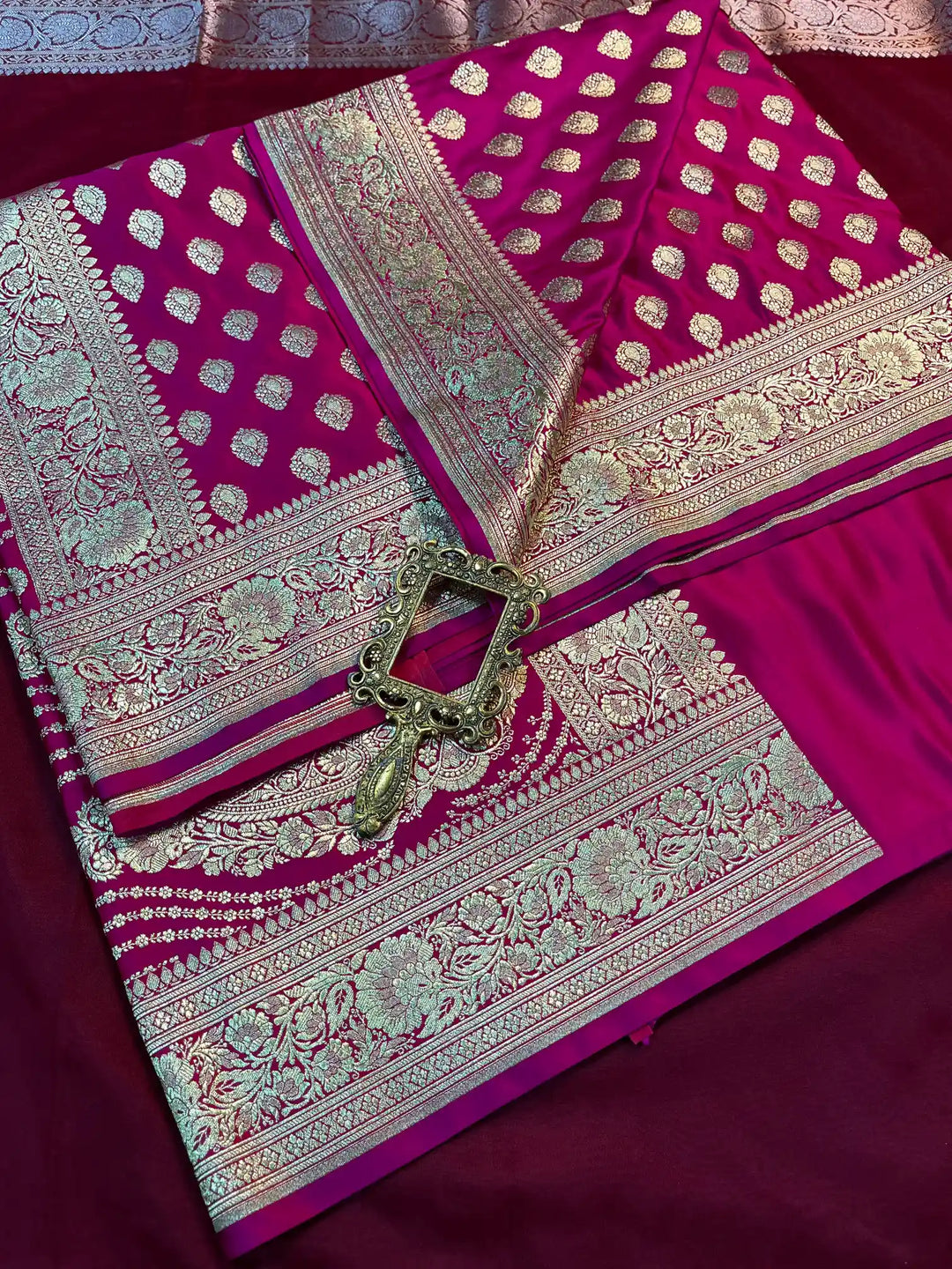 Bridal Rani Pink Satin Silk Premium Buta Pattern Banarasi Saree