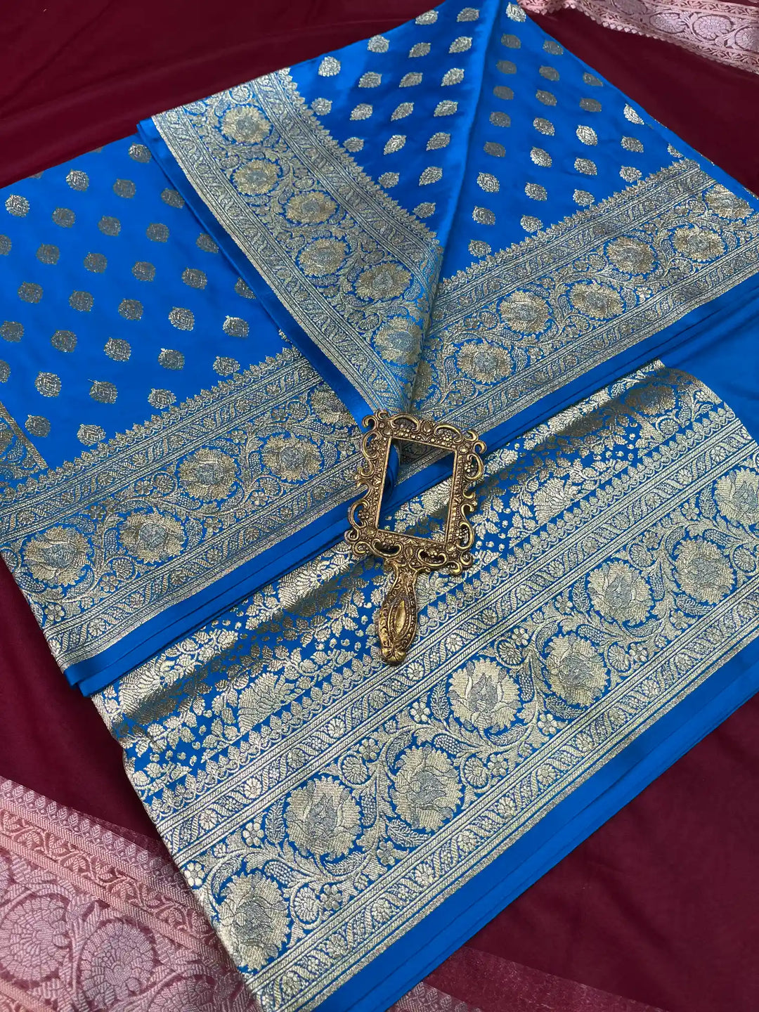 Bridal Blue Satin Silk Premium Buta Design Banarasi Saree