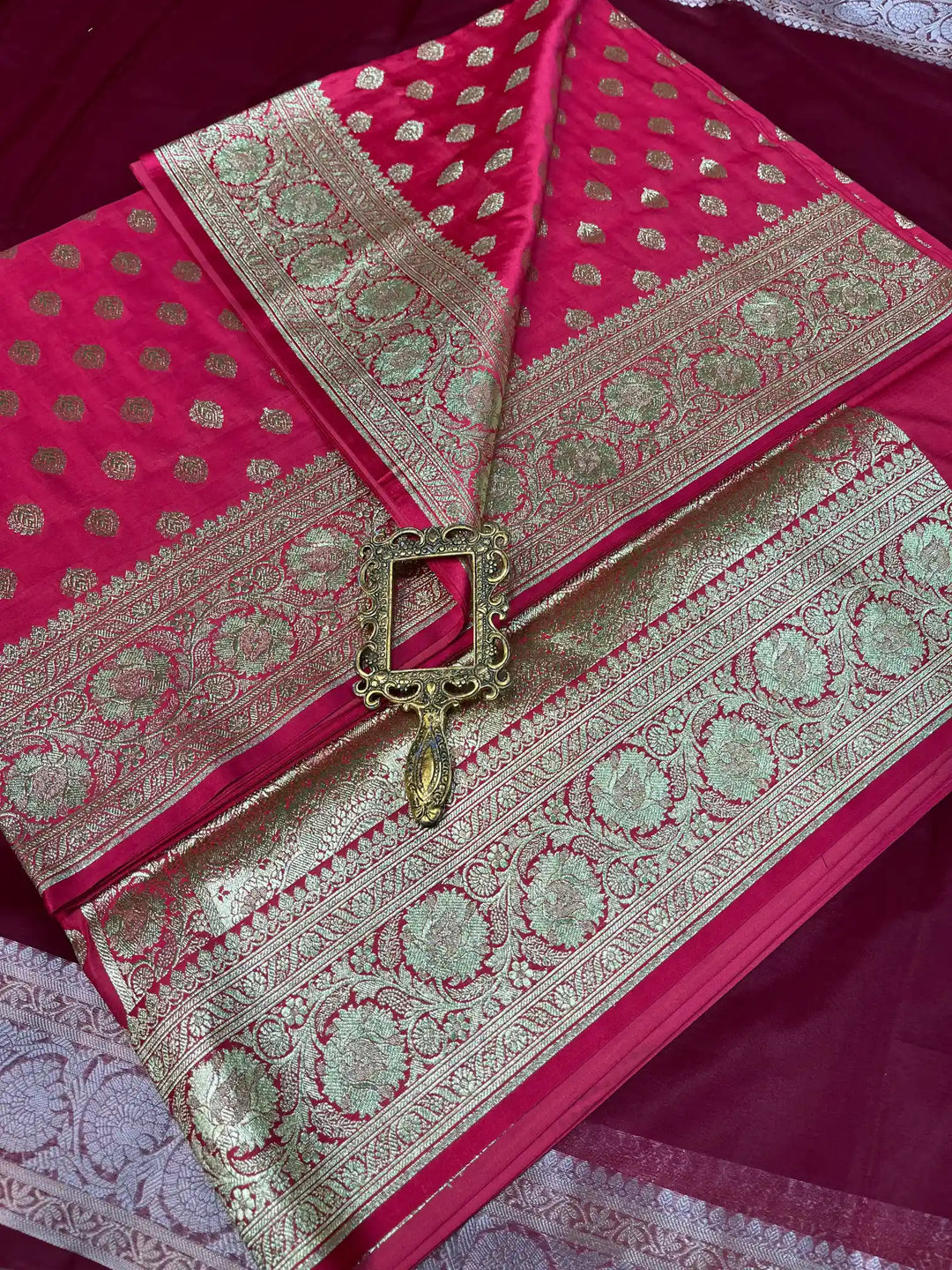 Bridal Deep Pink Satin Silk Premium Buta Design Banarasi Saree