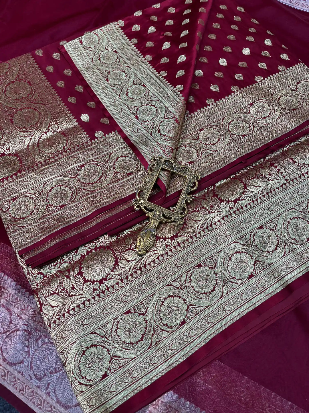 Bridal Wine Satin Silk Premium Buti Weave Banarasi Saree