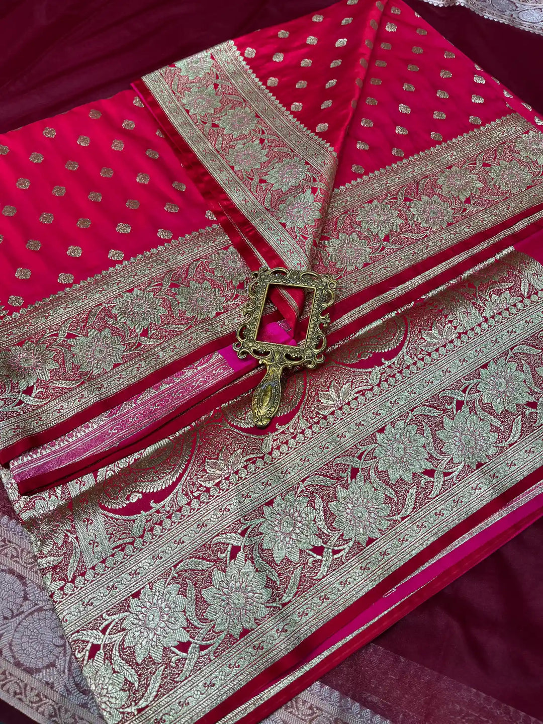 Bridal Rani Pink Satin Silk Buti Weave Banarasi Saree