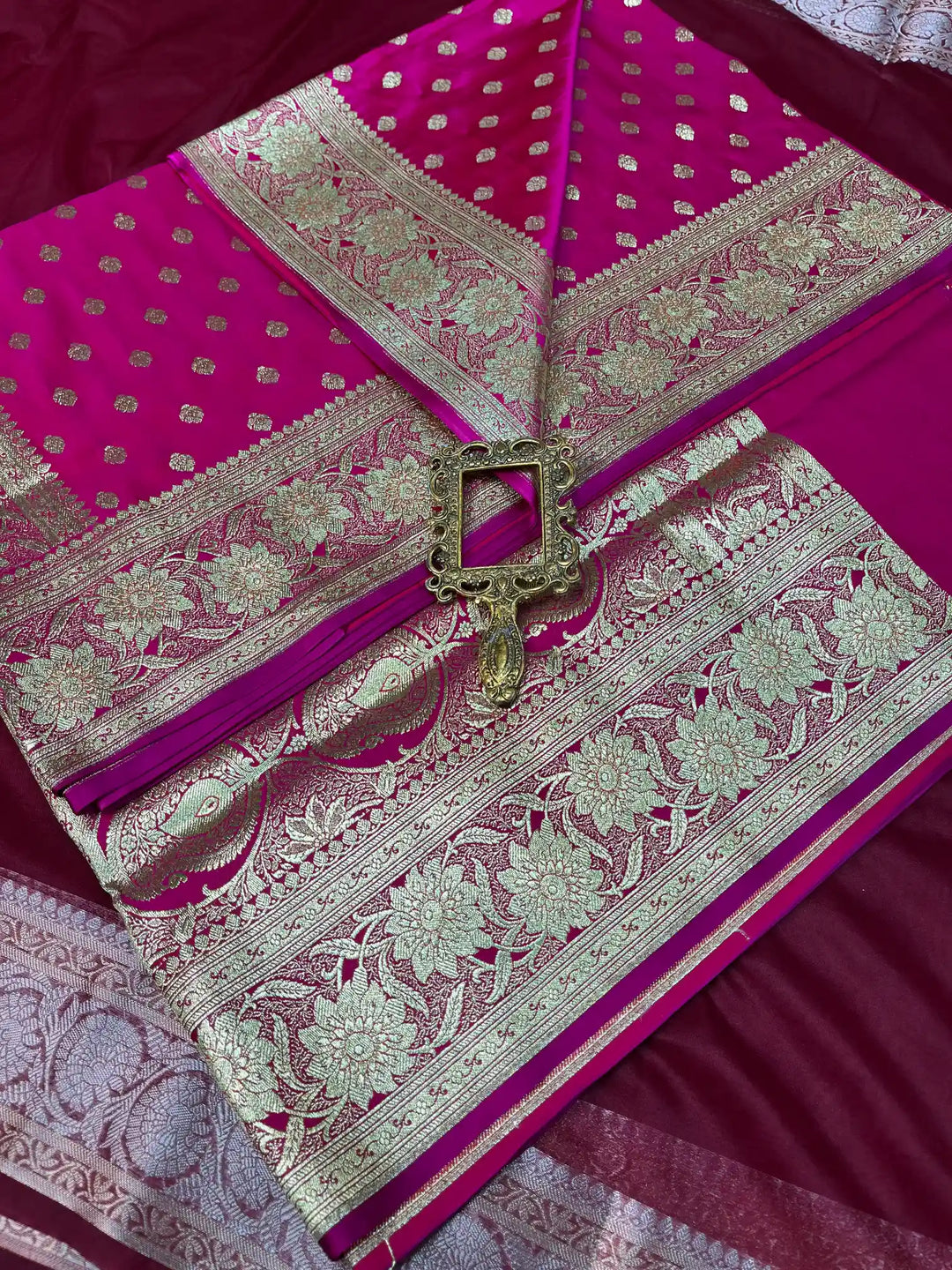 Bridal Rani Pink Satin Silk Buti Weave Banarasi Saree
