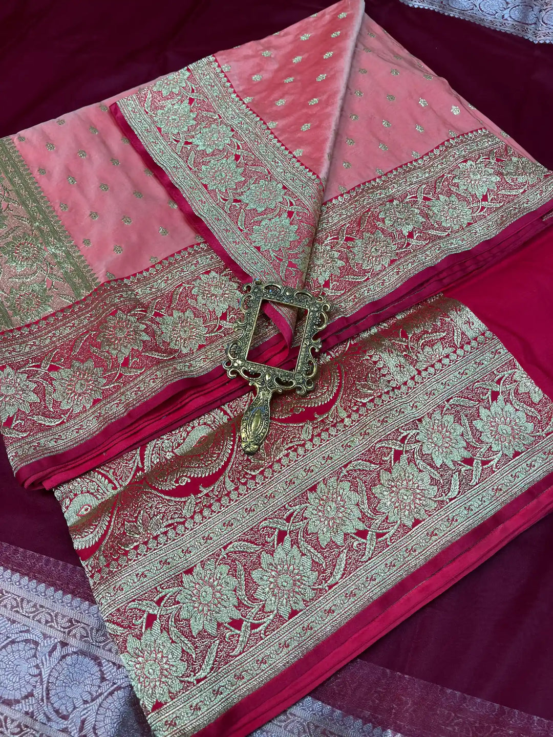 Bridal Baby Pink Contrast Satin Silk Buti Weave Banarasi Saree