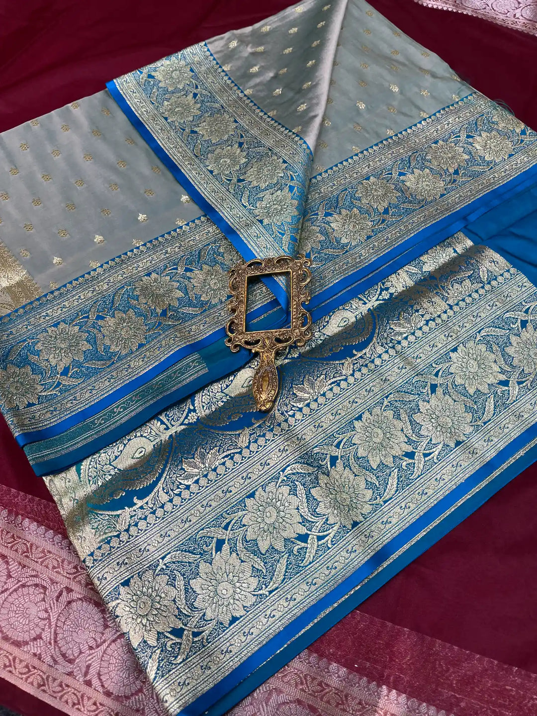 Bridal Pastel Grey Contrast Satin Silk Buti Weave Banarasi Saree