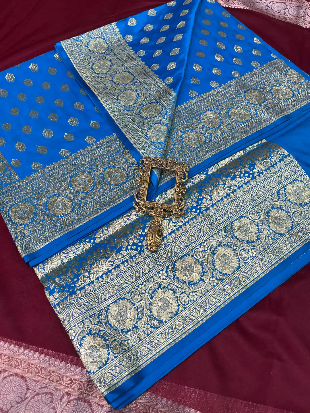 Bridal Blue Satin Silk Buti Weave Banarasi Saree