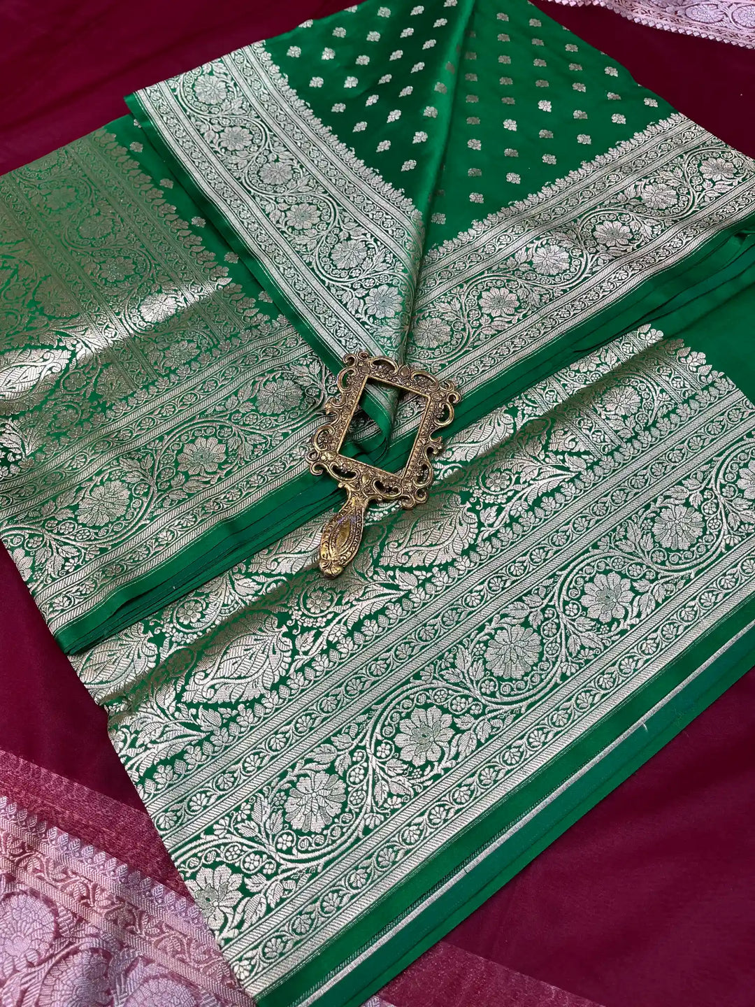 Bridal Bottle Green Satin Silk Buti Weave Banarasi Saree