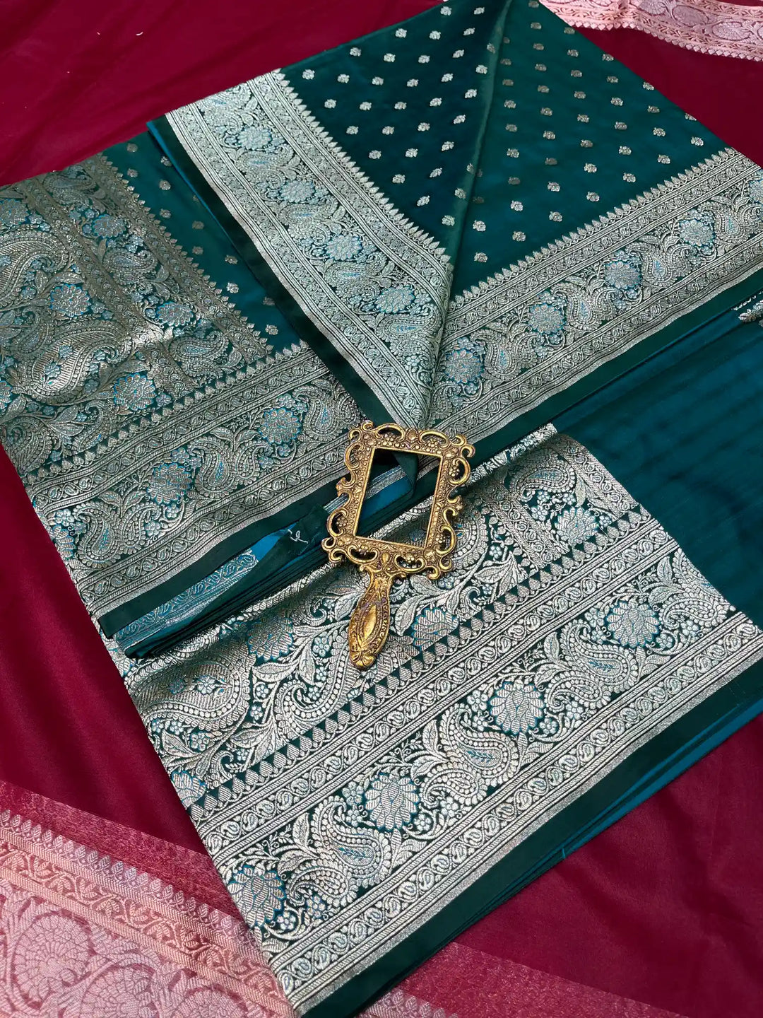 Bridal Midnight Green Satin Silk Buti Weave Banarasi Saree