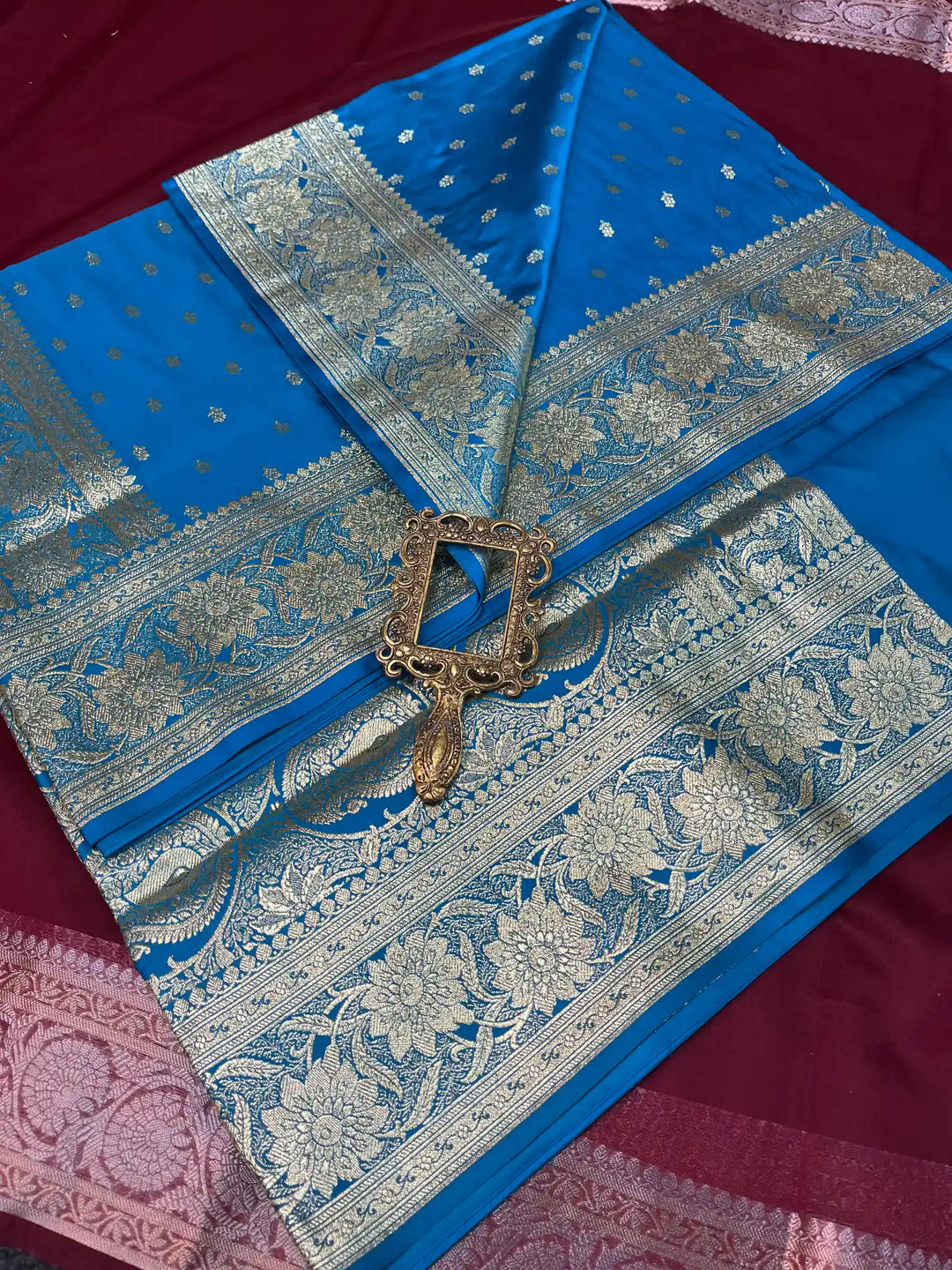 Bridal Blue Satin Silk Buti Weave Banarasi Saree
