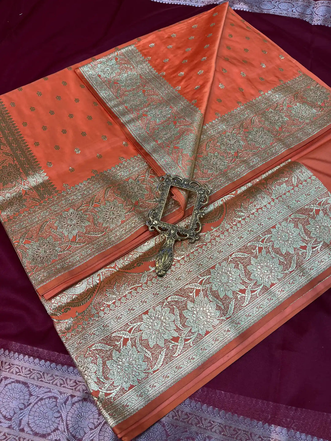 Bridal Sunset Orange Satin Silk Buti Weave Banarasi Saree