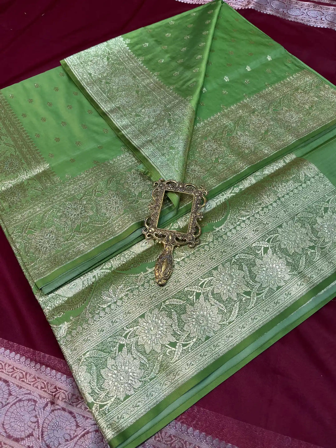 Bridal Parrot Green Satin Silk Buti Weave Banarasi Saree