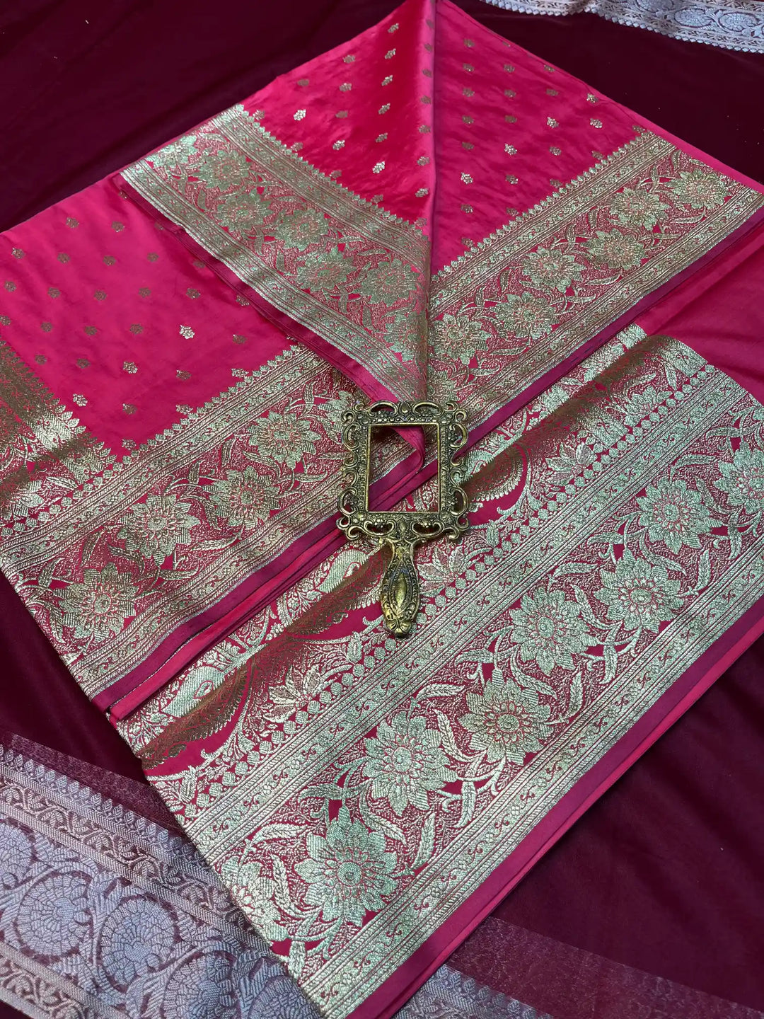 Bridal Rani Pink Satin Silk Buti Weave Banarasi Saree