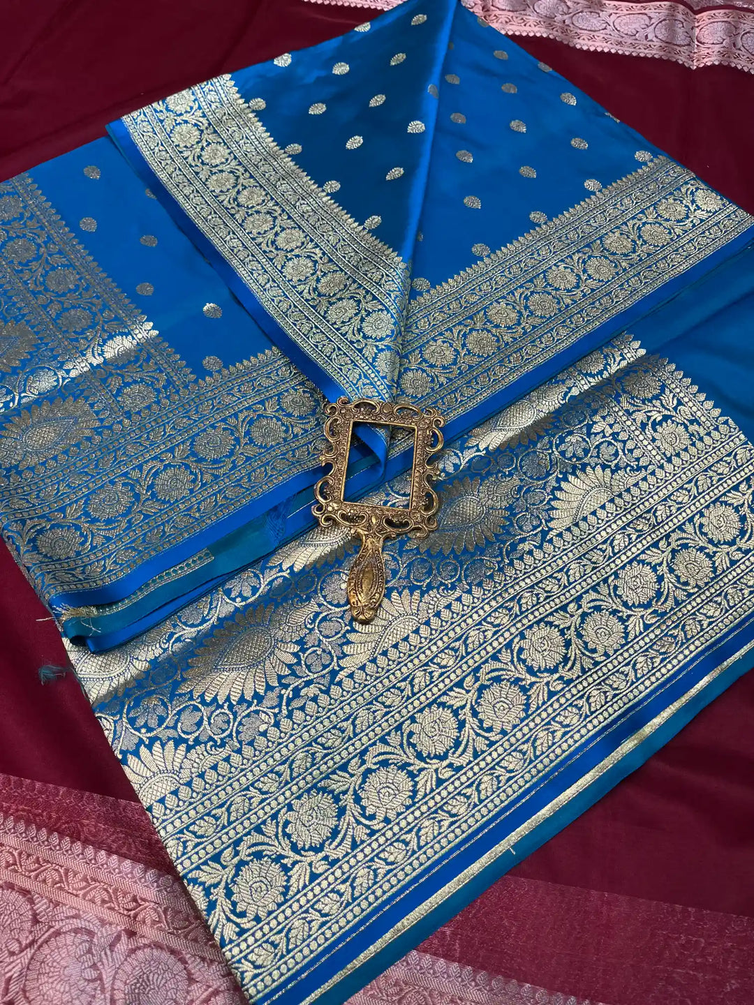 Bridal Blue Satin Silk Buti Weave Banarasi Saree