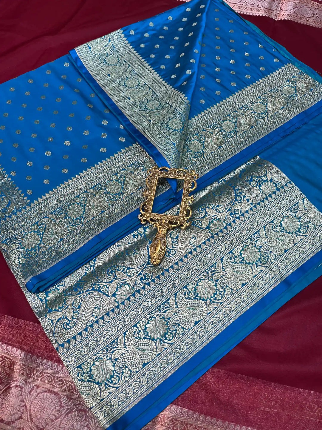 Bridal Blue Satin Silk Buti Weave Banarasi Saree